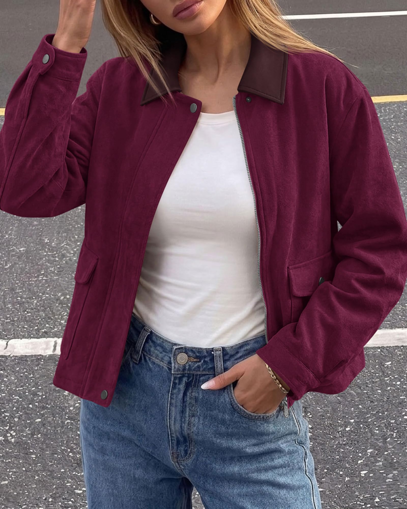 BTFBM Faux Suede Jacket Women Leather Lapel Zip Up Fall Outfits Button Down Long Sleeve Outerwear With Flap Pockets, Early Winter Coats, Motorcycle Jackets, Western Country Concert Outfits