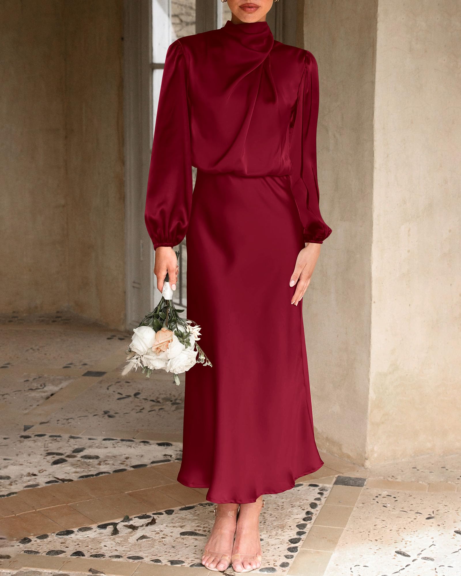 BTFBM Womens Mock Neck Satin Dress Spring Summer Long Sleeve Lightweight Formal Wedding Party Maxi Cocktail Dresses