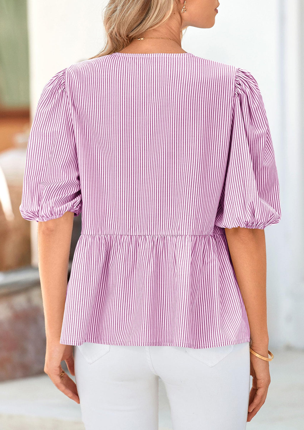PRETTYGARDEN Women's Tie Front Striped Shirt Summer Trendy Fashion Cute Babydoll Tops Peplum Puffy Sleeve Blouse