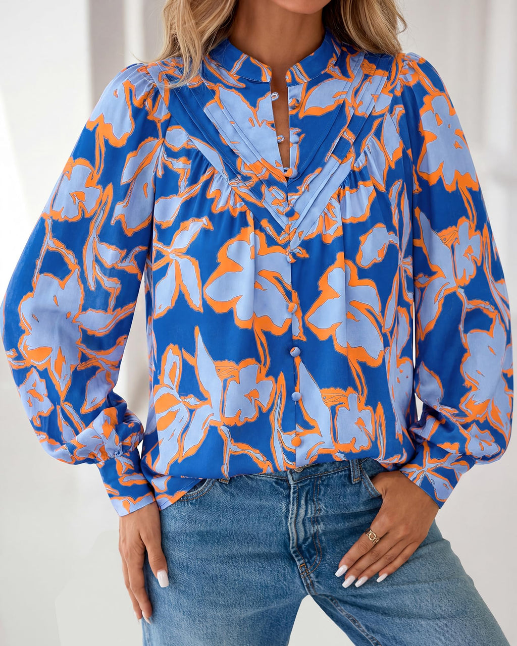 BTFBM Womens Tops Dressy Casual Spring Boho Floral V Neck Long Sleeve Half Button Down Shirt Work Business Blouses