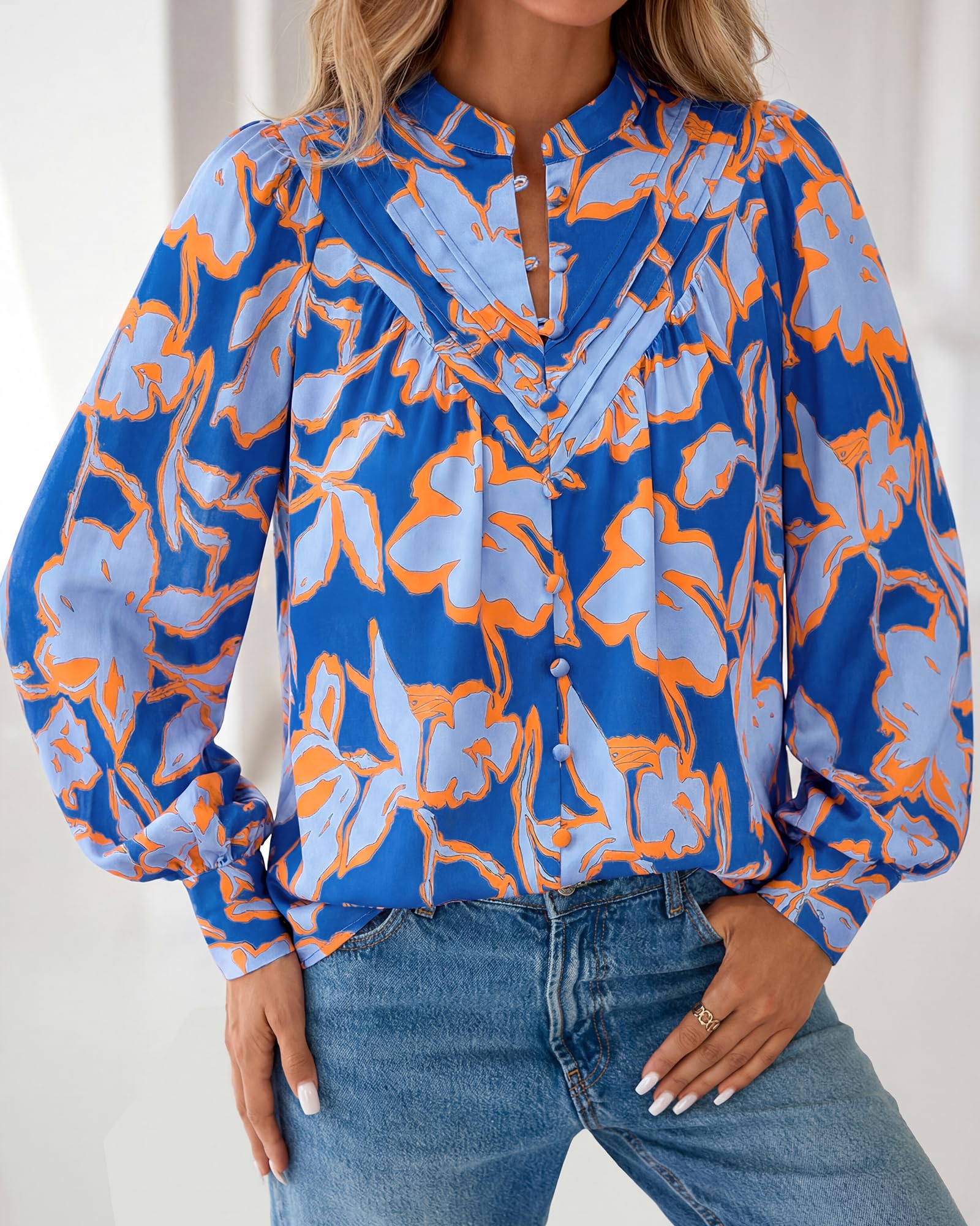 BTFBM Womens Tops Dressy Casual Spring Boho Floral V Neck Long Sleeve Half Button Down Shirt Work Business Blouses