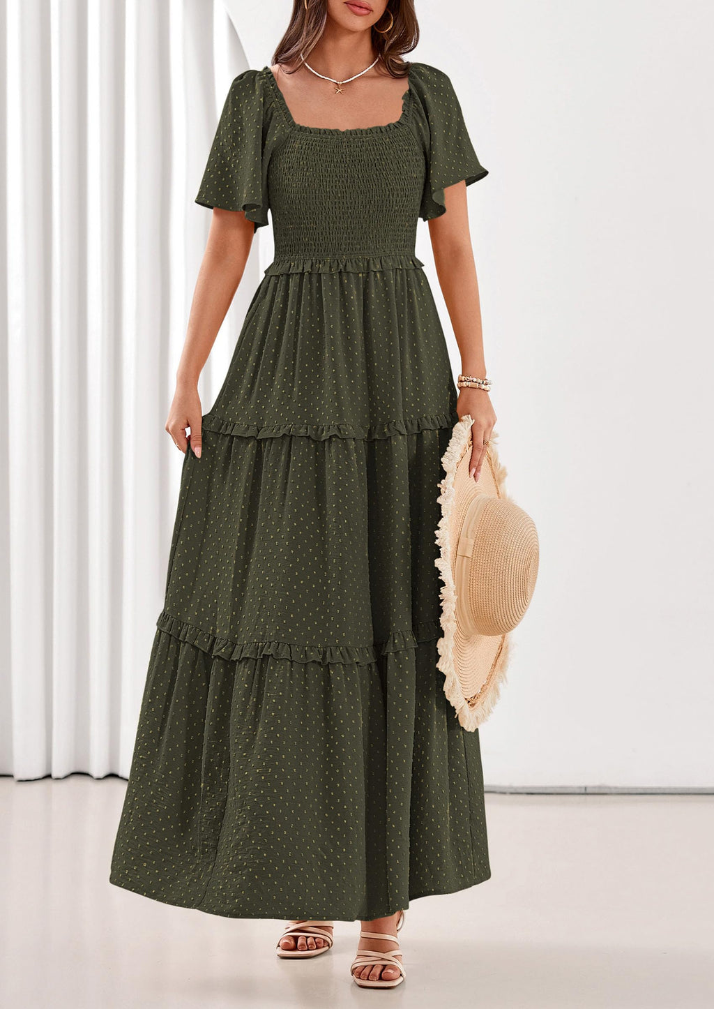 PRETTYGARDEN Summer Dresses for Women Boho Swiss Dot Smocked Square Neck Short Sleeve Spring Wedding Guest Maxi Dress