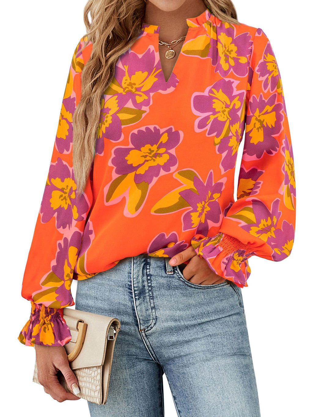 FreshPretty Womens V Neck Floral Long Sleeve Tops Summer Casual Loose Puff Sleeve Chiffon Boho Work Blouse Dressy T Shirts