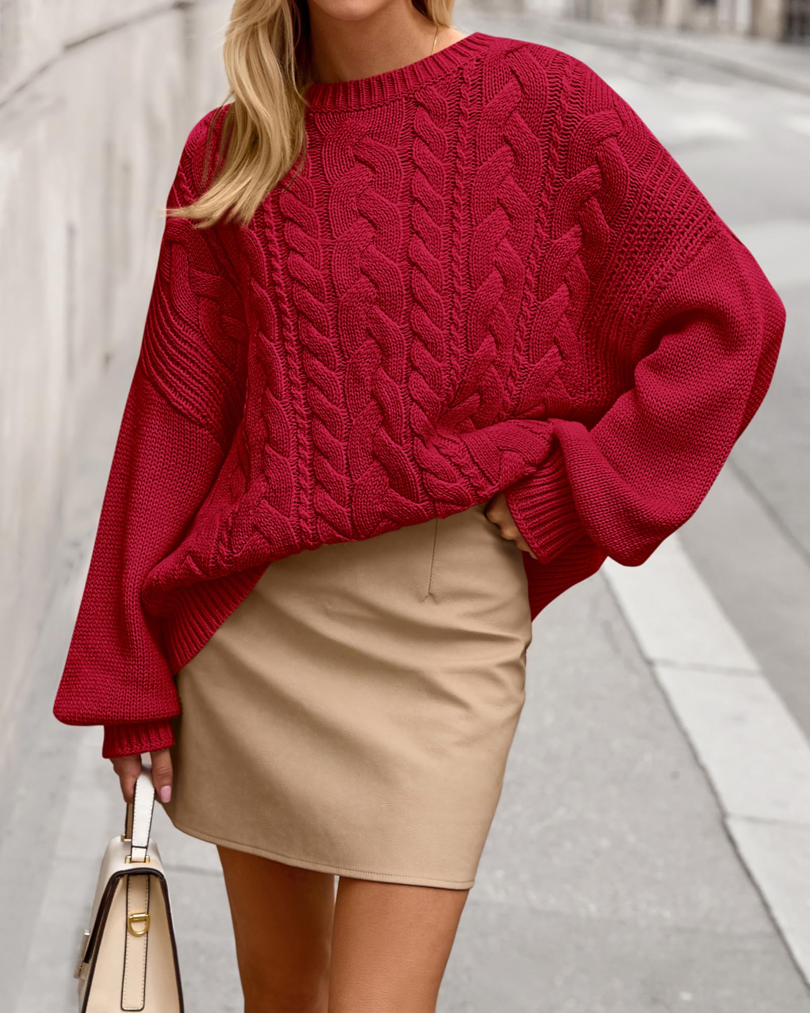 BTFBM Women's Oversized Sweaters Batwing Long Sleeve Cable Knit Crewneck Pullover Tops Fall Outfits Winter Clothing