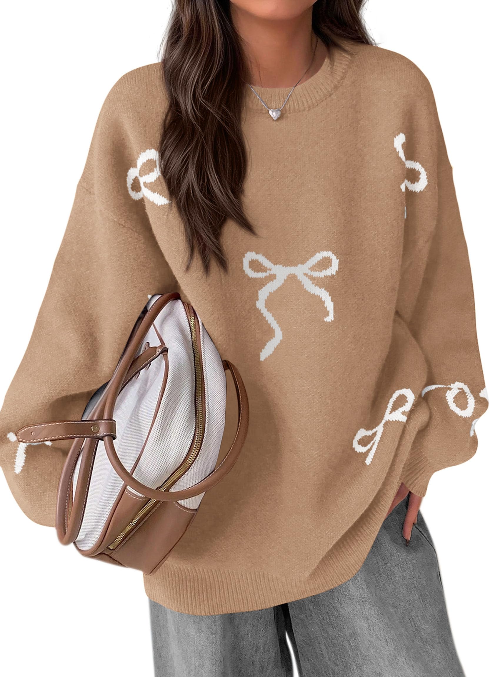 PRETTYGARDEN Fall Long Sleeve Pullover Sweaters for Women Trendy Crewneck Casual Cute Bow Chunky Knit Oversized Sweater