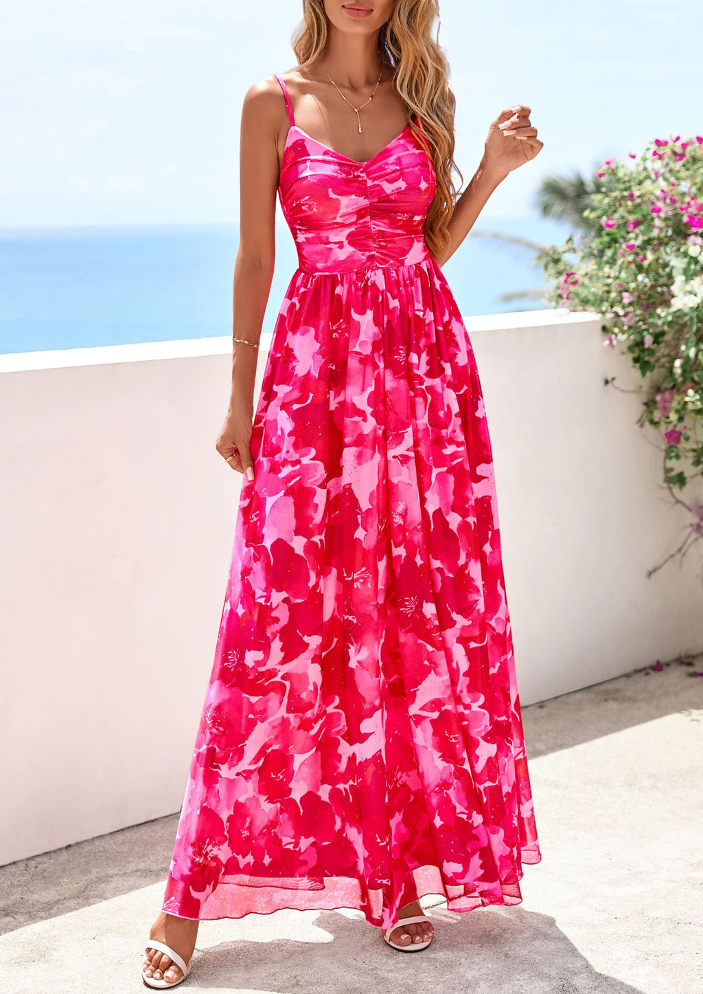 PRETTYGARDEN Women Summer Floral Maxi Dress Spirng Spaghetti Strap Mesh Boho Sundress Party Beach Vacation Long Dresses