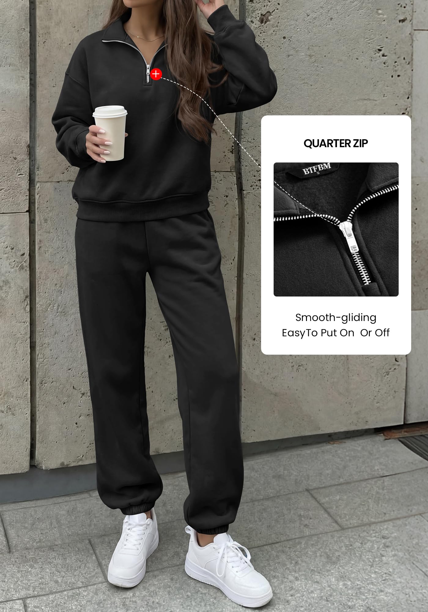 BTFBM Womens 2 Piece Outfits Sweatsuit Fleece Lounge Sets Quarter Zip Pullover Sweatshirt,Baggy Jogger Sweatpants,Fall Fashion Clothing,Airport Travel Matching Sweat Set
