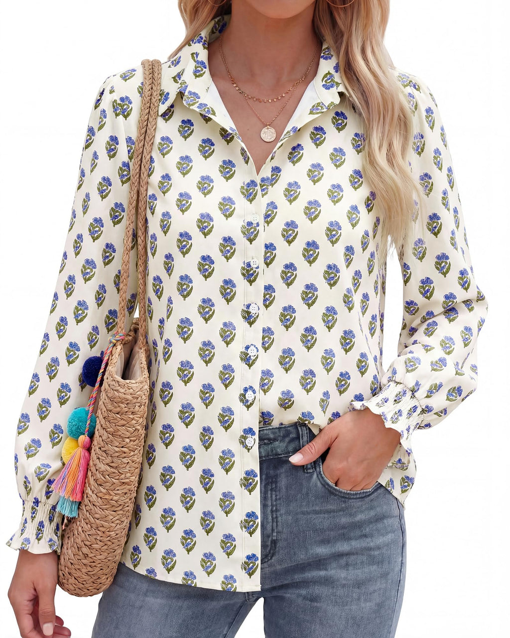 BTFBM Long Sleeve Blouses for Women, Floral V Neck Button Down Shirts, Smocked Cuffs, Business Casual Summer Outfits