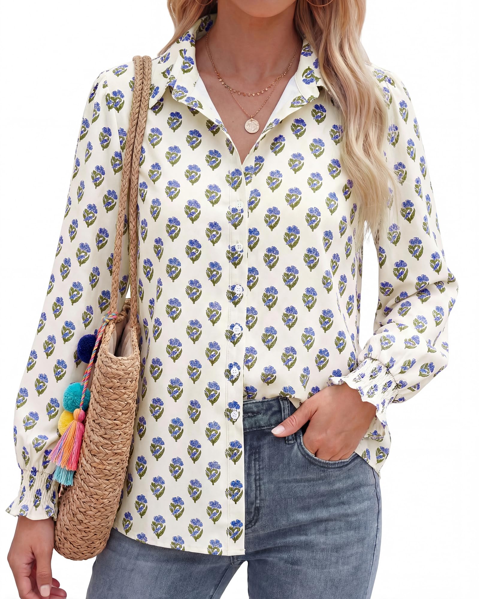 BTFBM Long Sleeve Blouses for Women, Floral V Neck Button Down Shirts, Smocked Cuffs, Business Casual Summer Outfits
