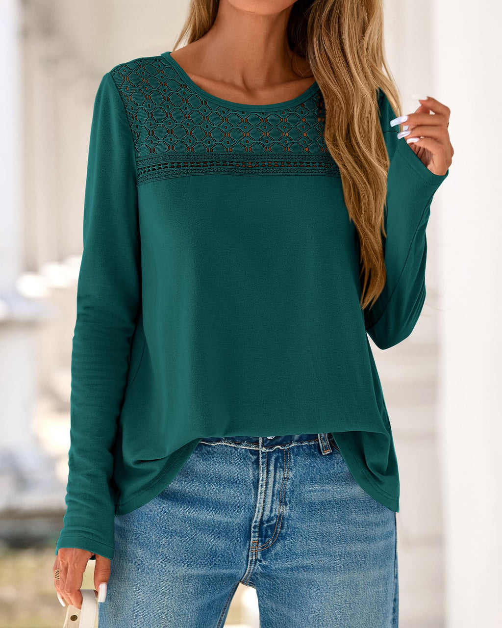 FreshPretty Lace Long Sleeve Shirts Womens Tops Dressy Casual Knit Boho Lightweight Blouses Winter Clothing Fall Fashion