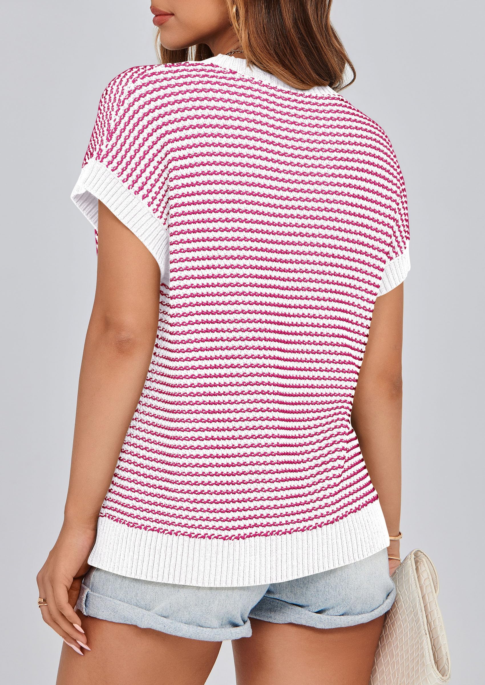PRETTYGARDEN Womens Short Sleeve Sweater Spring Summer Round Neck Striped Pullover Cap Sleeve Knit Sweater Vest Tops