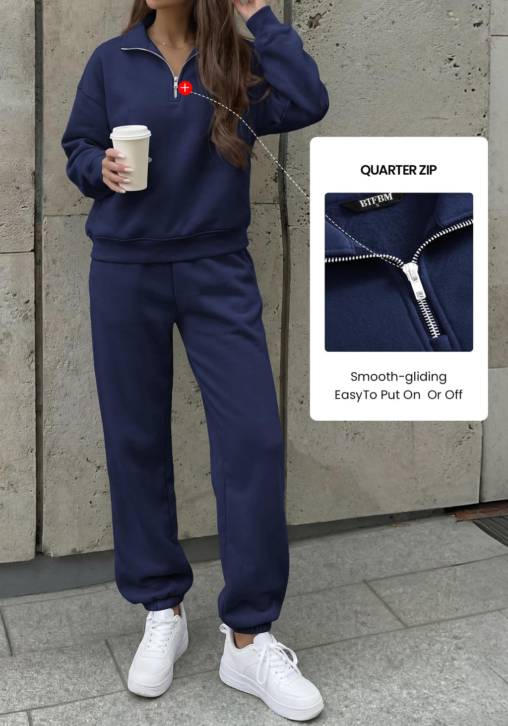 BTFBM Womens 2 Piece Outfits Sweatsuit Fleece Lounge Sets Quarter Zip Pullover Sweatshirt,Baggy Jogger Sweatpants,Fall Fashion Clothing,Airport Travel Matching Sweat Set