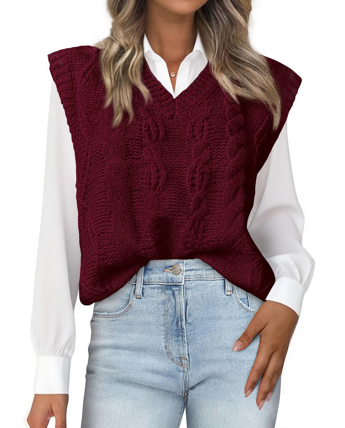 FreshPretty Sweater Vest Women Oversized V Neck Cable Knit Casual Pullover Sweaters Fall Outfits Sleeveless Tops