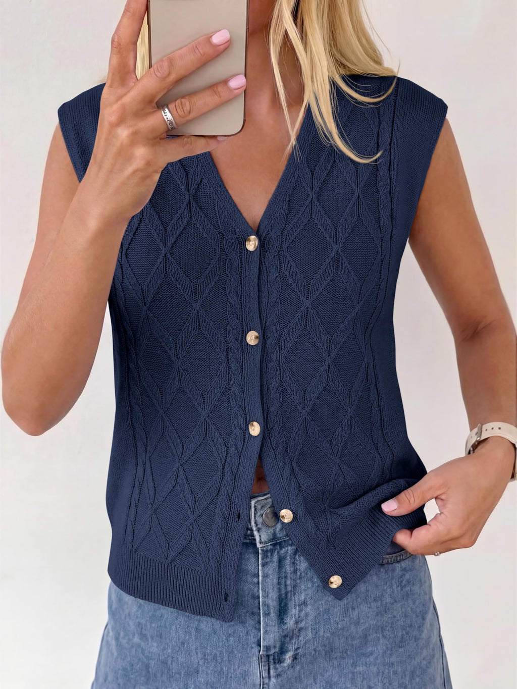 BTFBM Vest Tops for Women Summer V Neck Button Loose Lightweight Cardigan Knit Cap Sleeve Sweater Vests Fashion Clothing