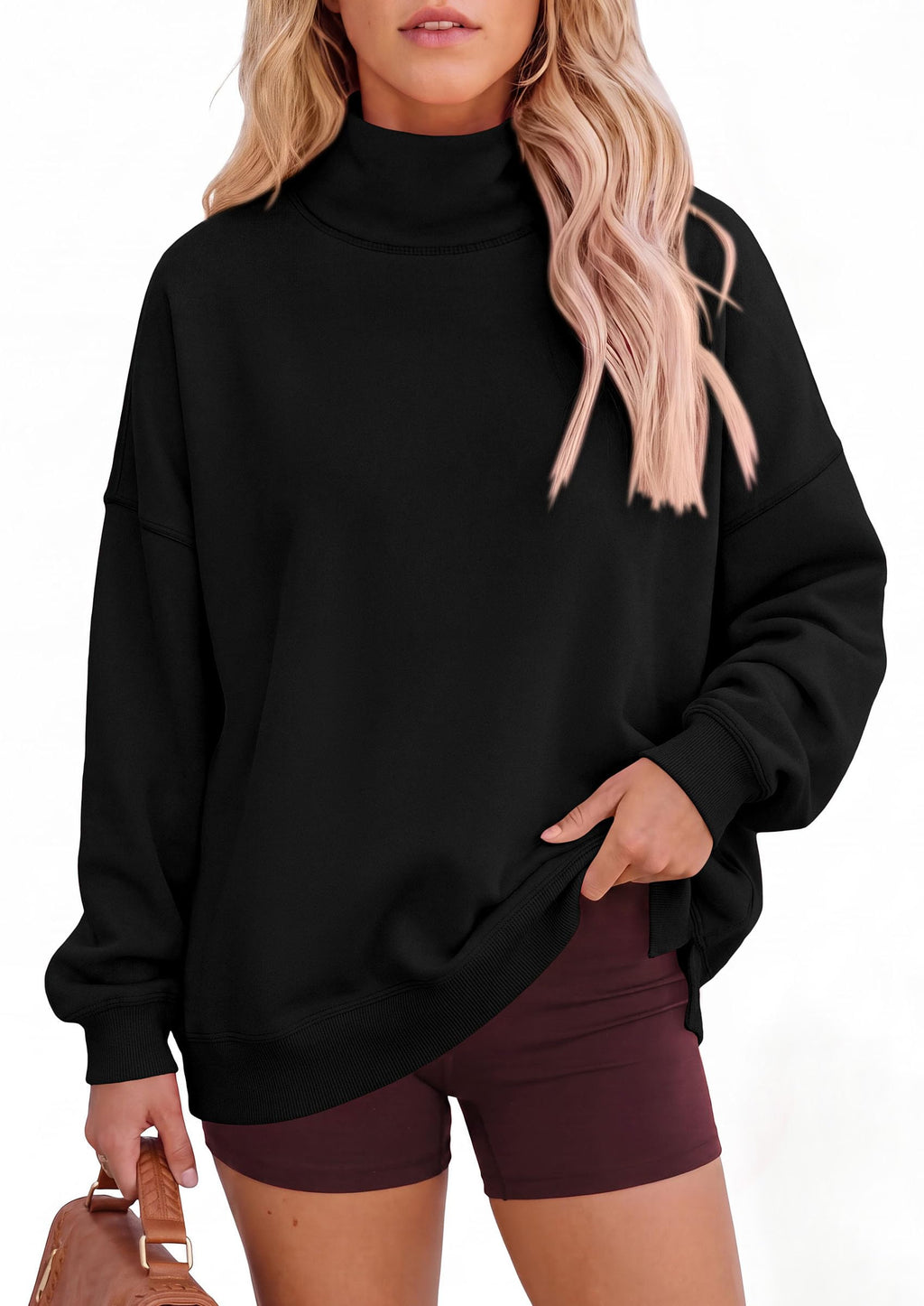 PRETTYGARDEN Womens Mock Neck Sweatshirt Oversized Pullover Loose Fit,Side Pockets,Long Sleeve Drop Shoulder Tops,Casual Lounge Work Travel Airport Outfits,Fall Fashion Winter Clothes