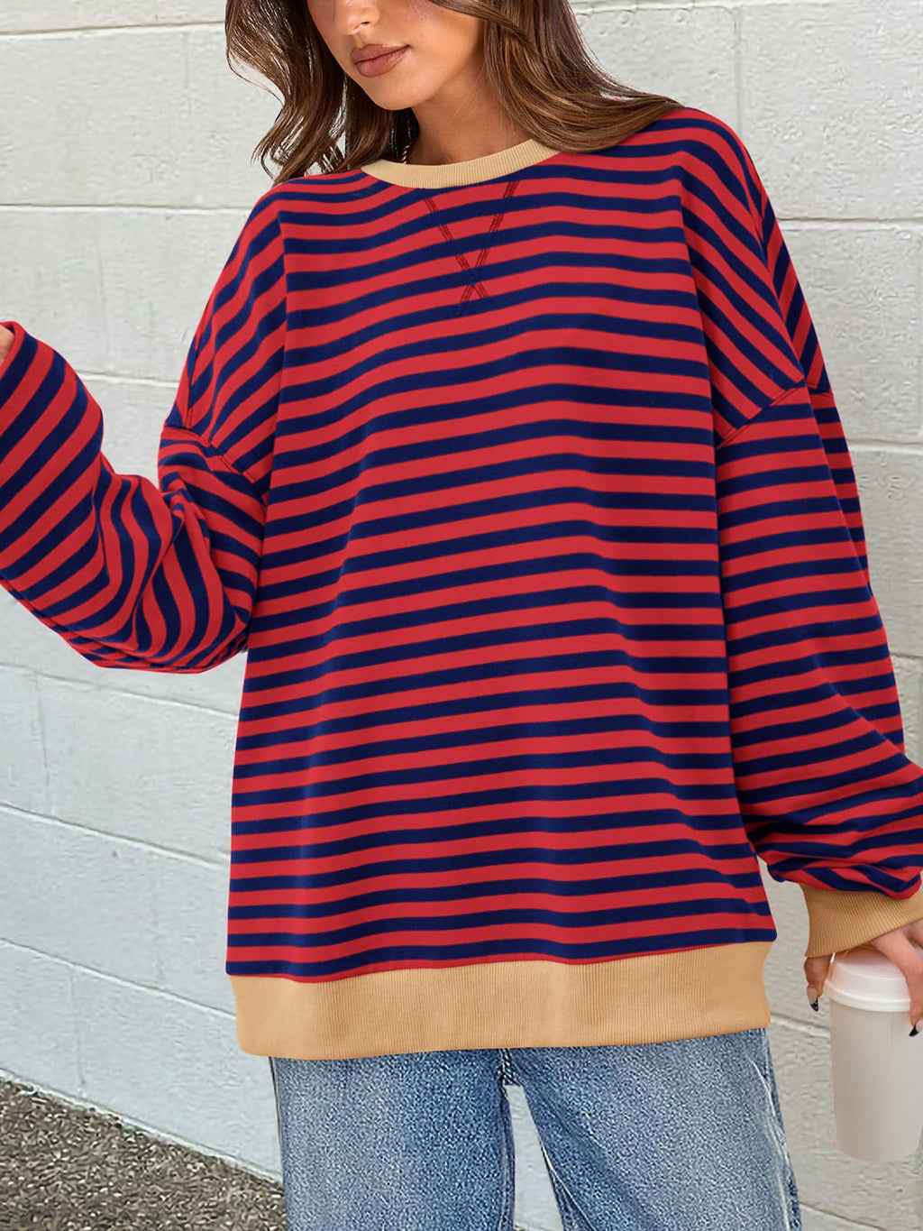 PRETTYGARDEN Womens Striped Oversized Sweatshirt Color Block Crew Neck Long Sleeve Casual Loose Pullover Top Y2K Clothes