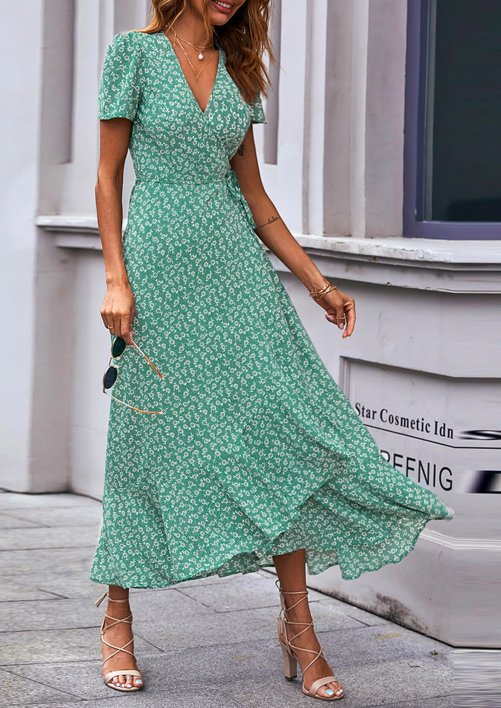 PRETTYGARDEN Women's Summer Maxi Dress Casual Wrap Floral Boho Short Sleeve V Neck Split Ruffle Beach Long Dresses
