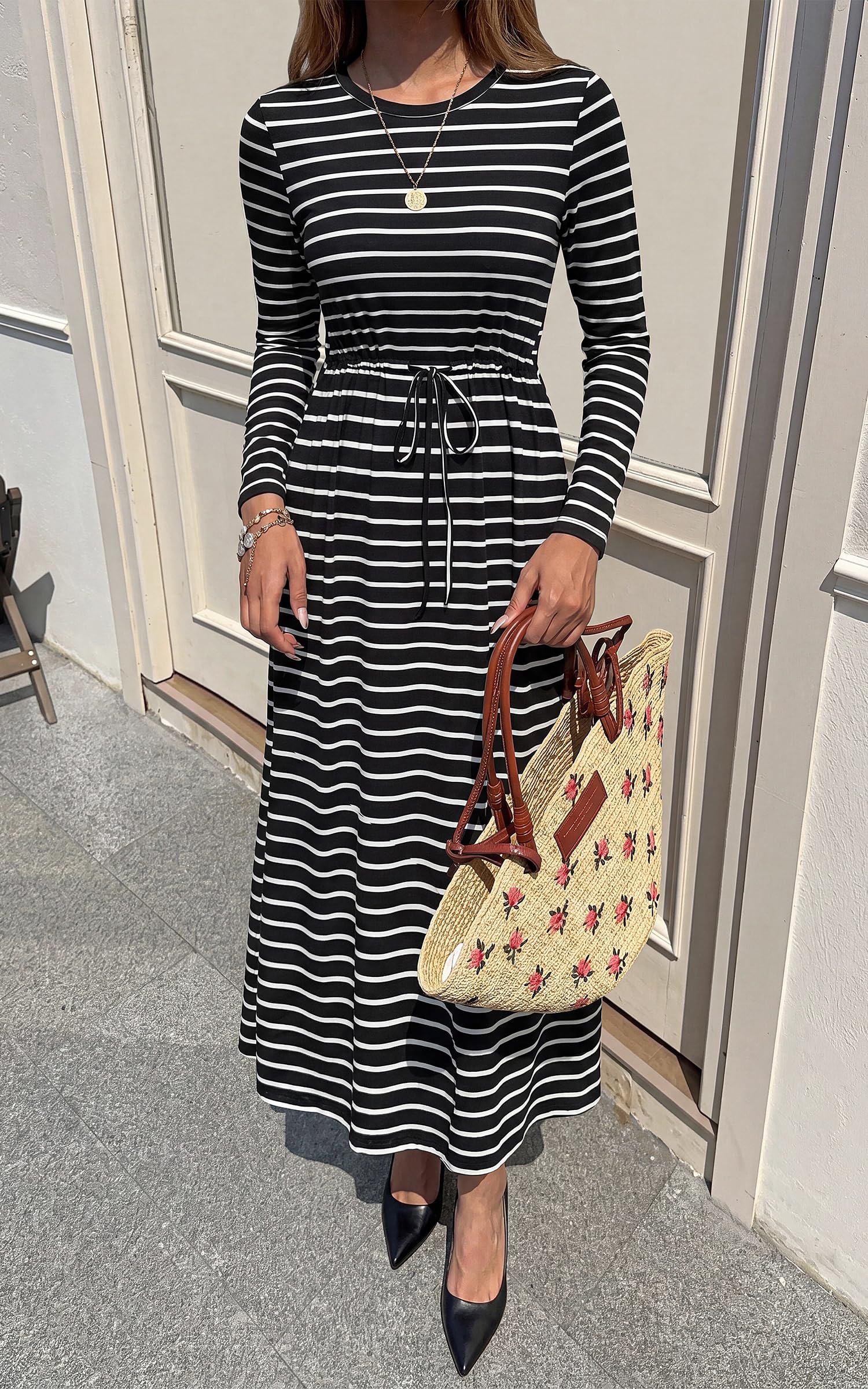 FreshPretty Long Sleeve Maxi Dresses for Women Fall Casual Loose Striped Dress|Cotton T Shirt Dress, Loose Fit Dress with Pocket, Business Casual Work Teacher, Fall Outfits