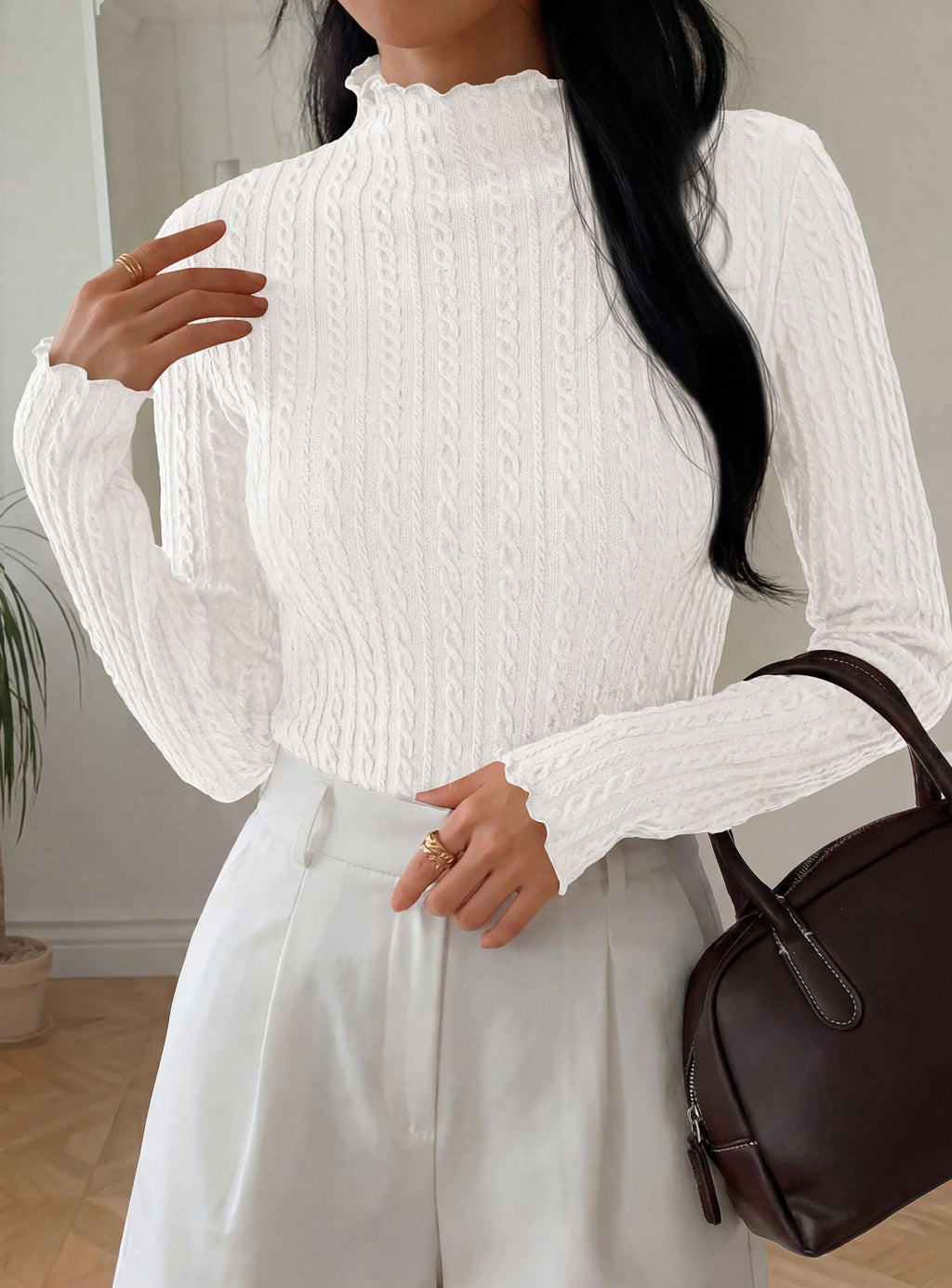 PRETTYGARDEN Women's Fall Long Sleeve Fitted Shirts | Comfy Stretchy Cable Knit, Trendy Lettuce Trim Mock Neck, Casual Basic Tees, Cute Layering Tops, 2026 Fashion Clothing