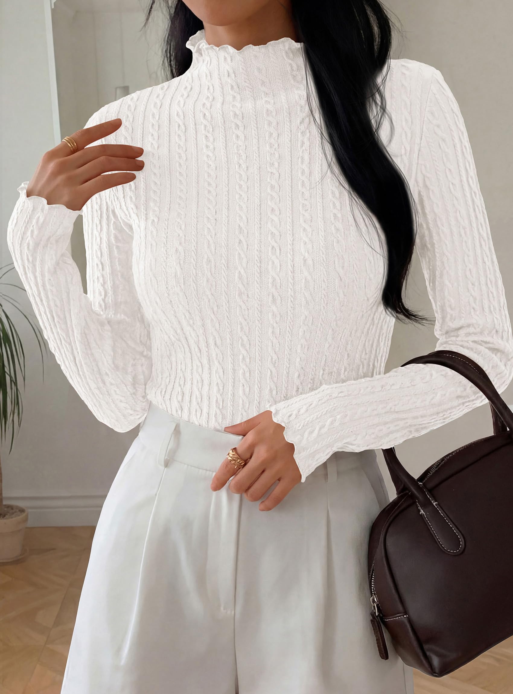 PRETTYGARDEN Women's Fall Long Sleeve Fitted Shirts | Comfy Stretchy Cable Knit, Trendy Lettuce Trim Mock Neck, Casual Basic Tees, Cute Layering Tops, 2026 Fashion Clothing