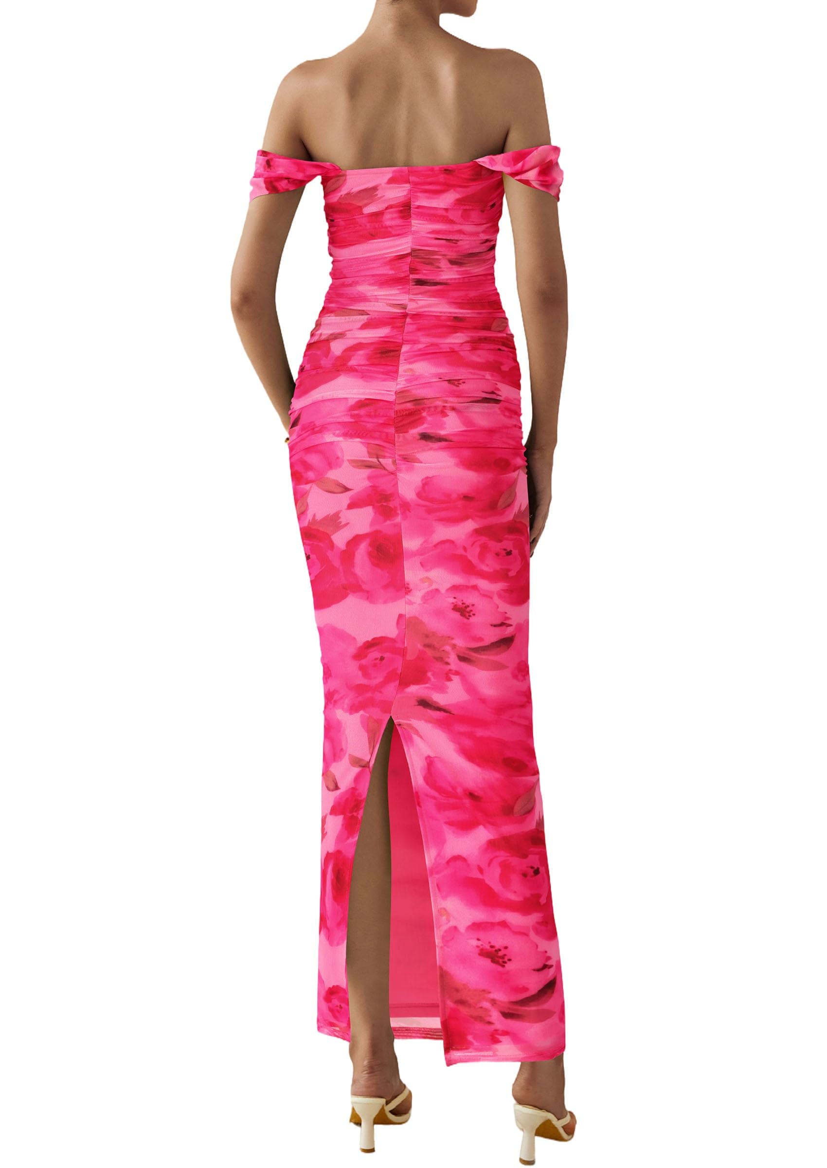 PRETTYGARDEN Cocktail Dresses for Women Summer Floral Off Shoulder Ruched Mesh Elegant Wedding Guest Maxi Dress