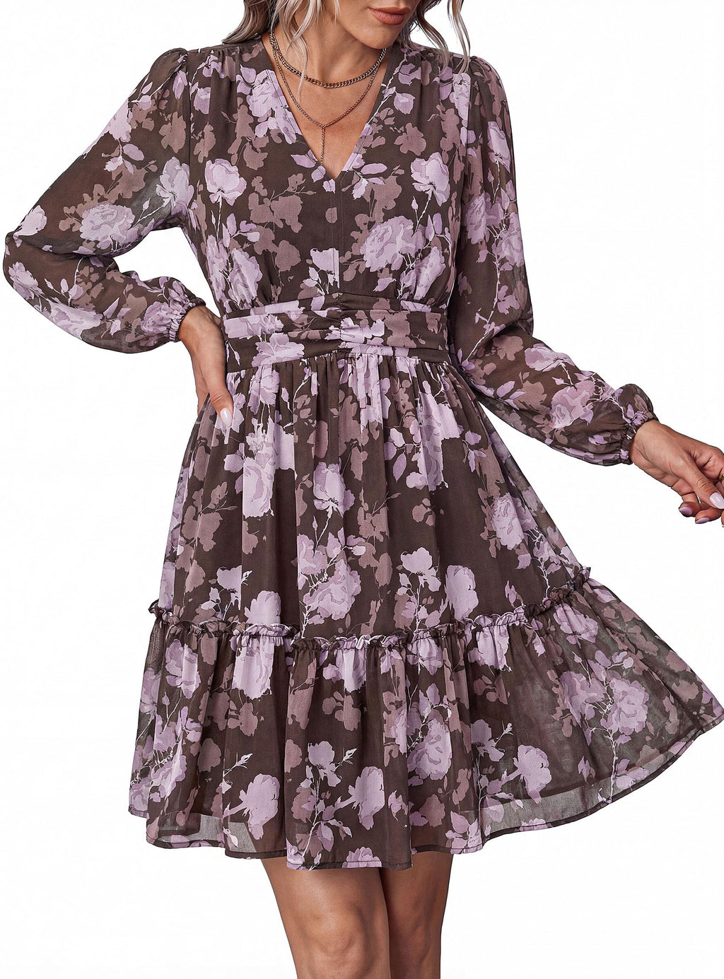 PRETTYGARDEN Women Floral Long Sleeve Mini Dress | Fall Wedding Guest Dresses, V Neck, Fit & Flare, Ruffle Hem A-Line, Short Chiffon Dress, Elegant Holiday Party, Date Outfits