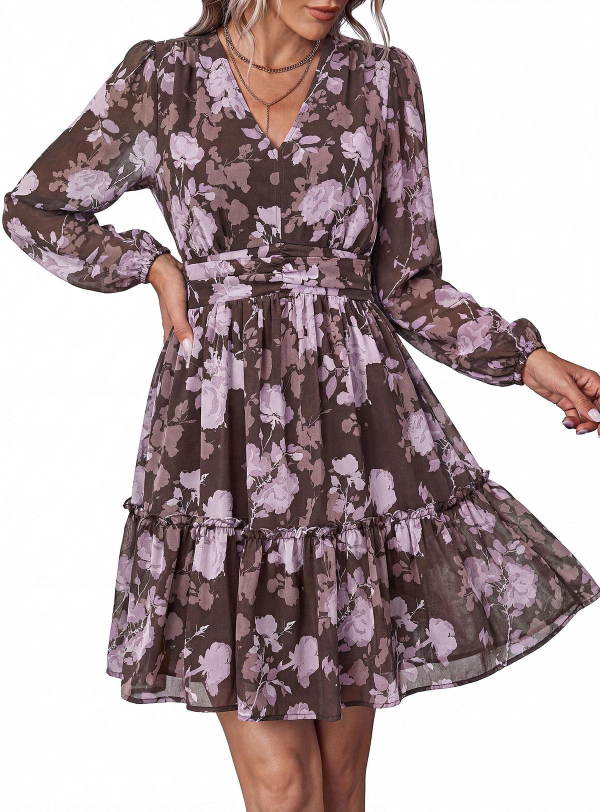 PRETTYGARDEN Women Floral Long Sleeve Mini Dress | Fall Wedding Guest Dresses, V Neck, Fit & Flare, Ruffle Hem A-Line, Short Chiffon Dress, Elegant Holiday Party, Date Outfits