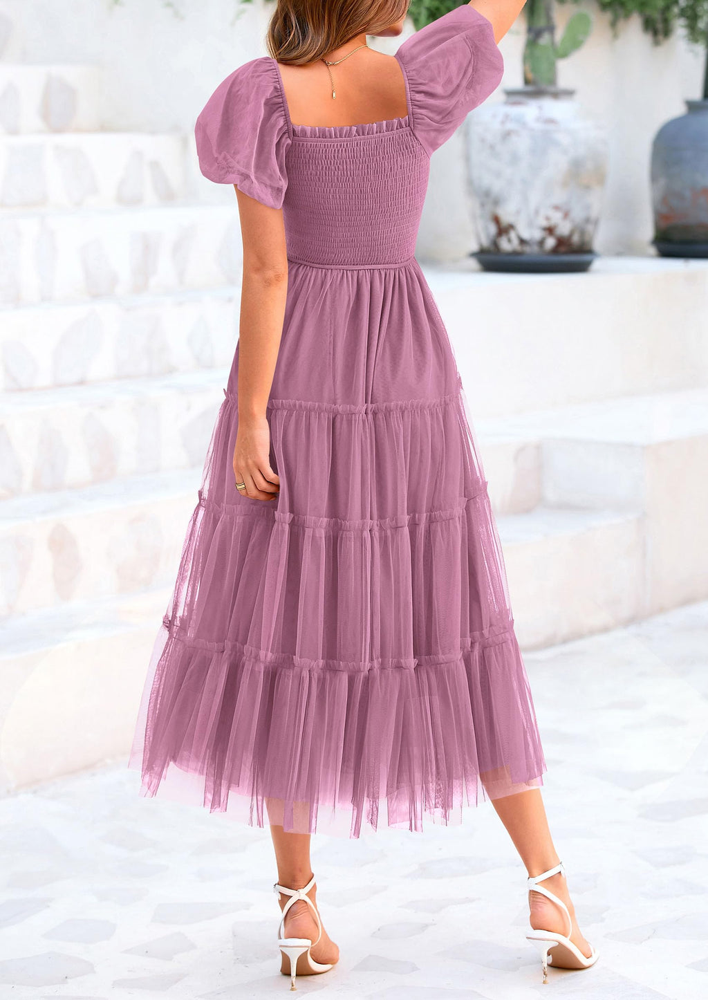 PRETTYGARDEN Women's Smocked Midi Tulle Dress  Summer Puffy Short Sleeve Square Neck Ruffle Wedding Guest Party Dresses