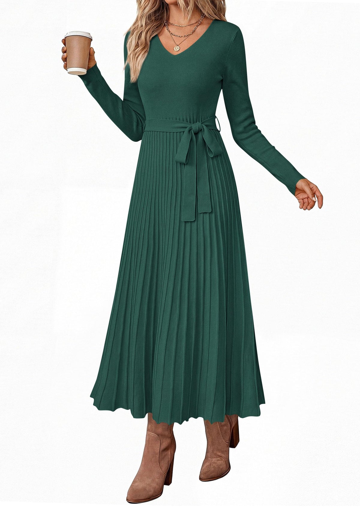 PRETTYGARDEN Womens Fall Maxi Long Sleeve Sweater Dress Soft Stretchy Knit, V Neck A Line Dresses with Bow, Flowy Pleated Hem, Cocktail Party Outfits, Trendy Winter Clothes