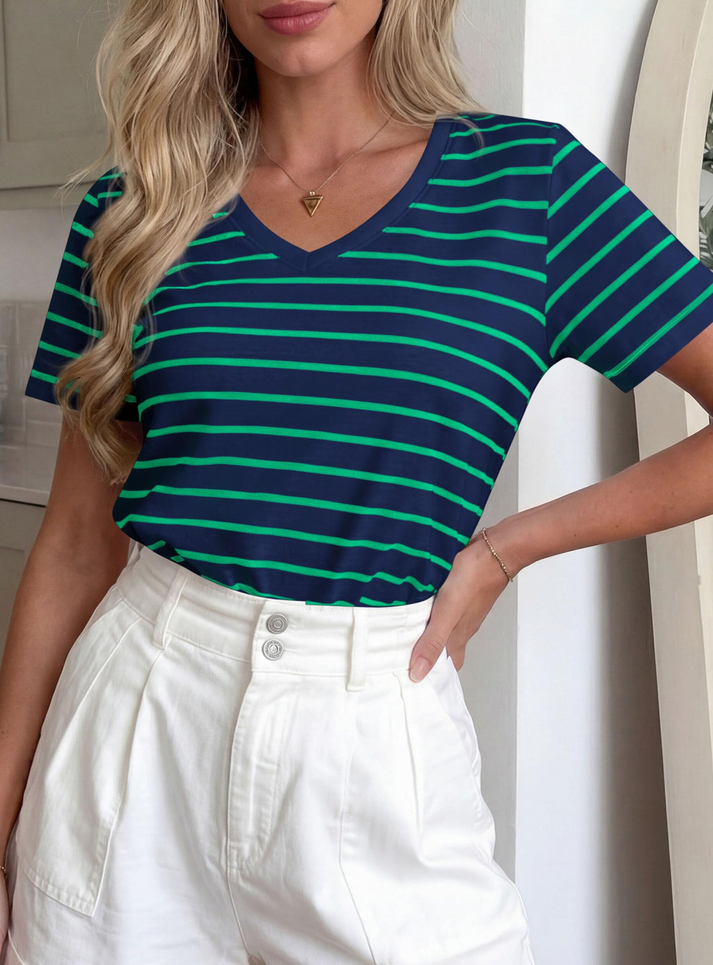 PRETTYGARDEN Short Sleeve Shirts for Women Spring V Neck Cute Tops Casual Striped Shirt Knitted Tees Summer Outfits