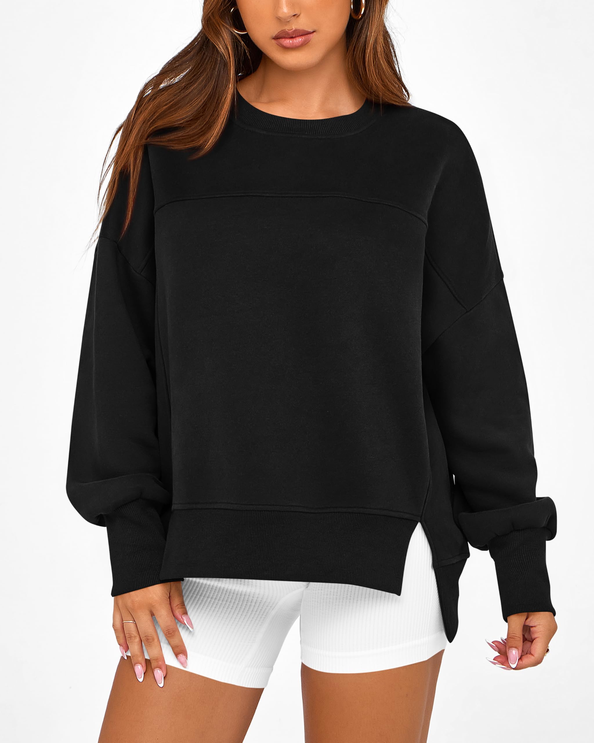 BTFBM Women's Casual Crewneck Sweatshirts Spring Long Sleeve Side Slit Workout Fleece Pullover Top Fashion Clothing
