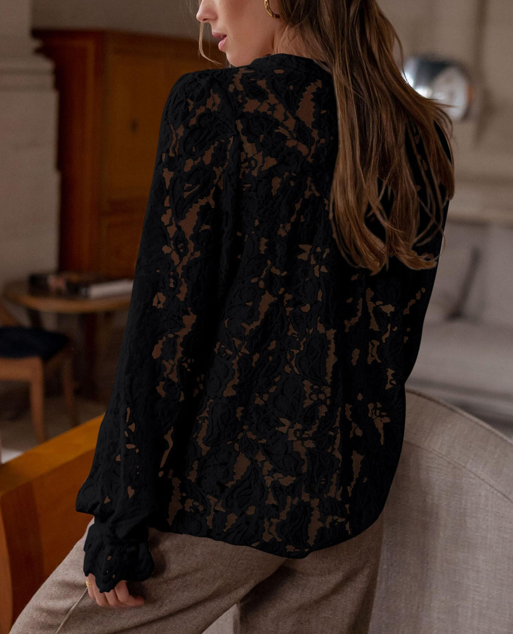 PRETTYGARDEN Women's Dressy Casual Lace Blouse Long Sleeve Button Up Shirts Tops Spring Fall Fashion Clothes