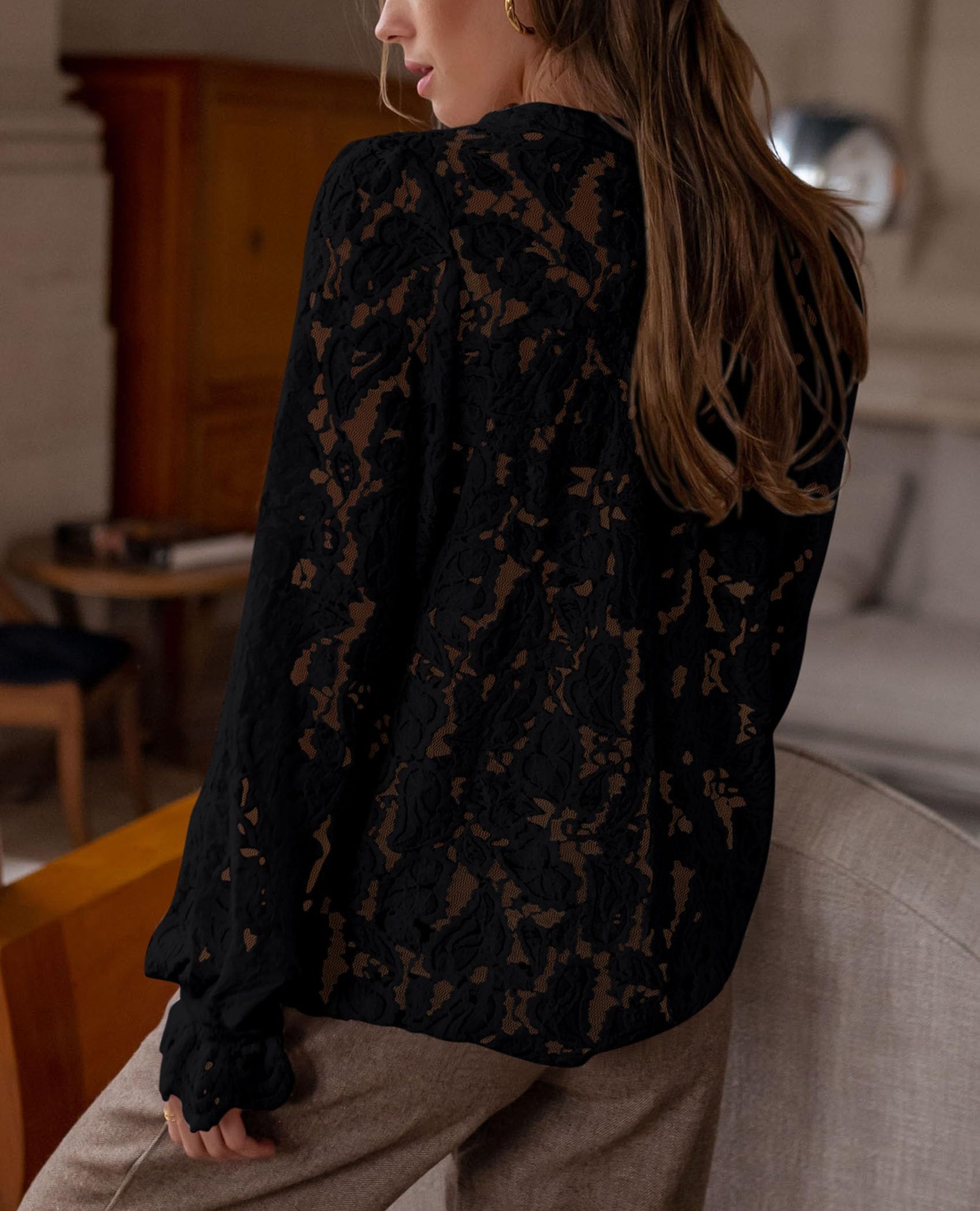 PRETTYGARDEN Women's Dressy Casual Lace Blouse Long Sleeve Button Up Shirts Tops Spring Fall Fashion Clothes