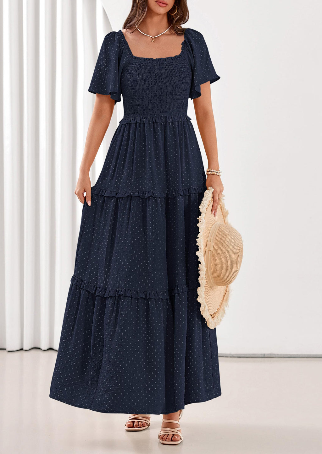 PRETTYGARDEN Summer Dresses for Women Boho Swiss Dot Smocked Square Neck Short Sleeve Spring Wedding Guest Maxi Dress