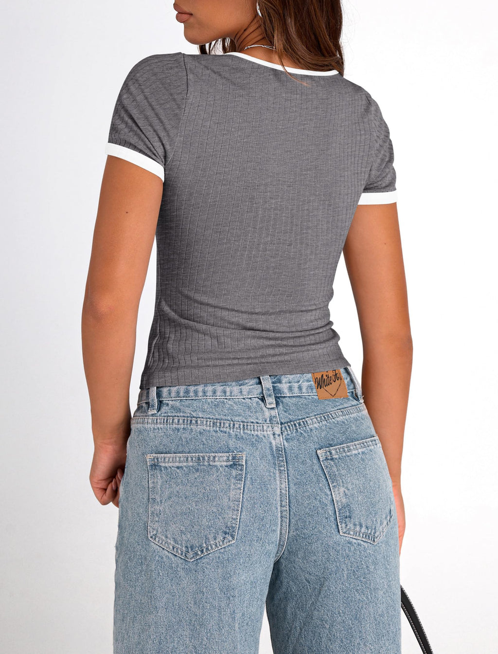 PRETTYGARDEN Women's Summer Short Sleeve T Shirts Ribbed Knit Square Neck Color Block Slim Fit Basic Casual Crop Tops Blouses
