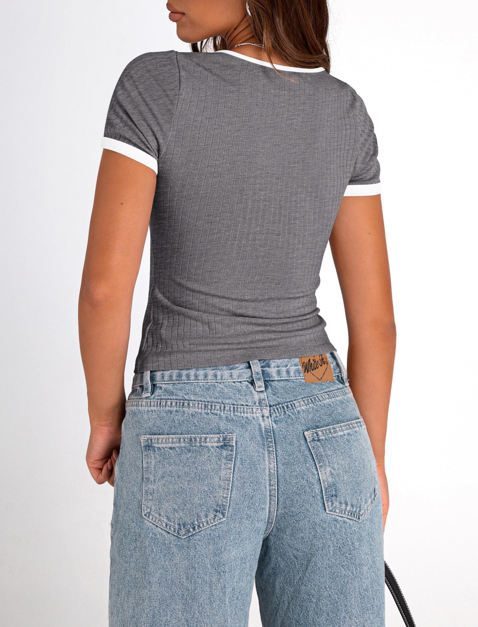 PRETTYGARDEN Women's Summer Short Sleeve T Shirts Ribbed Knit Square Neck Color Block Slim Fit Basic Casual Crop Tops Blouses