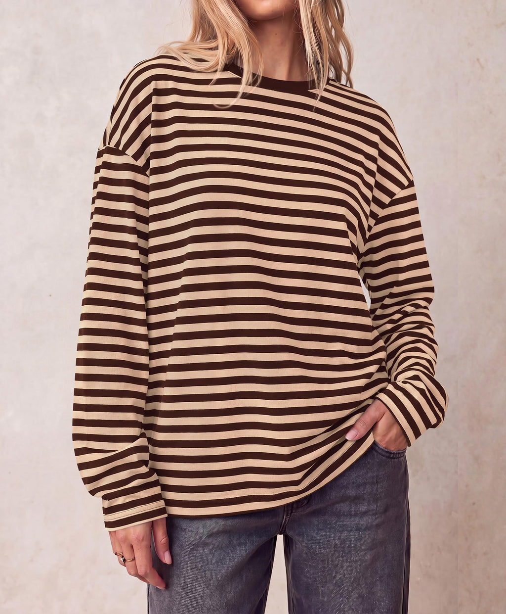 BTFBM Womens Long Sleeve Tops Fall Fashion | Lightweight, Crew Neck, Oversized Striped Shirt Women, Y2k Clothes, Vacation Travel Outfits, Going Out Top, Winter Layering