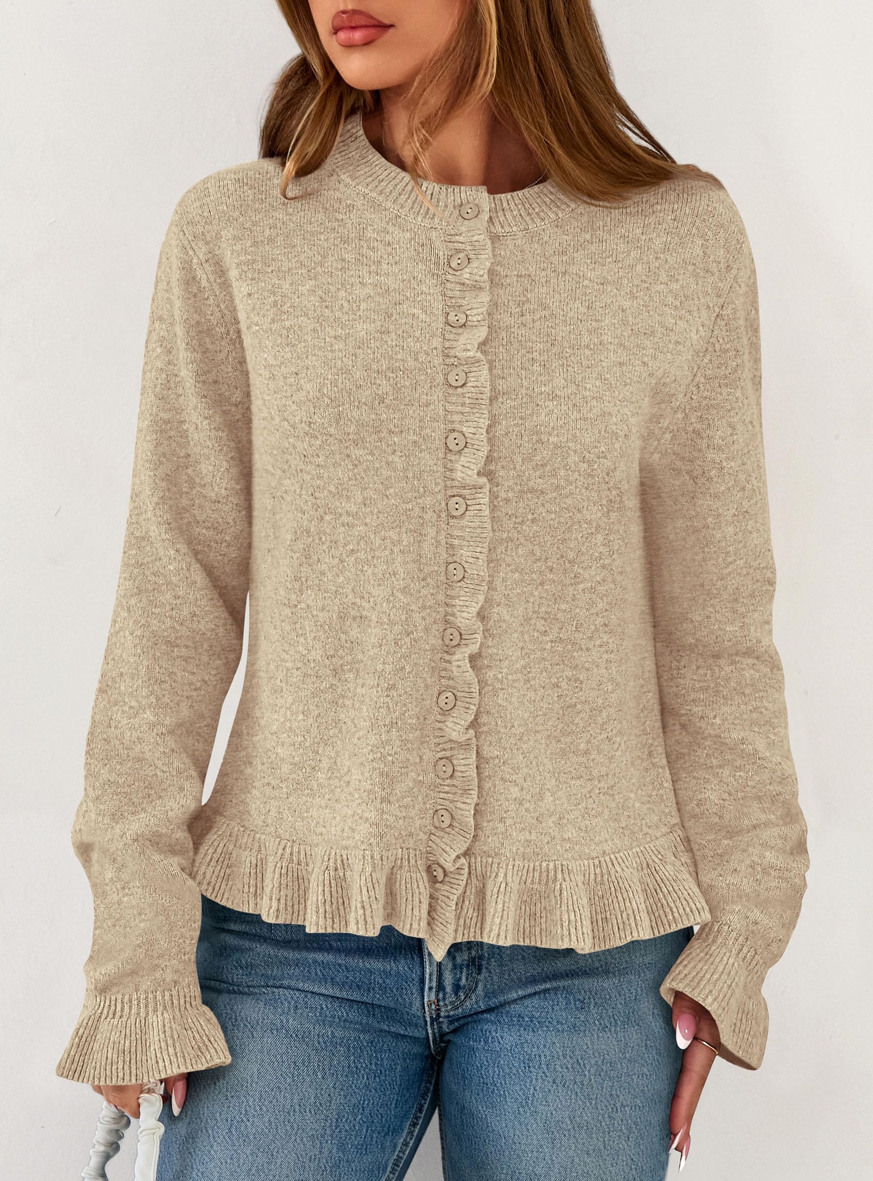 PRETTYGARDEN Womens Fall Button Down Cardigans Chunky Knit Ruffle Open Front Cropped Cardigan Sweaters Soft Long Sleeve Tops