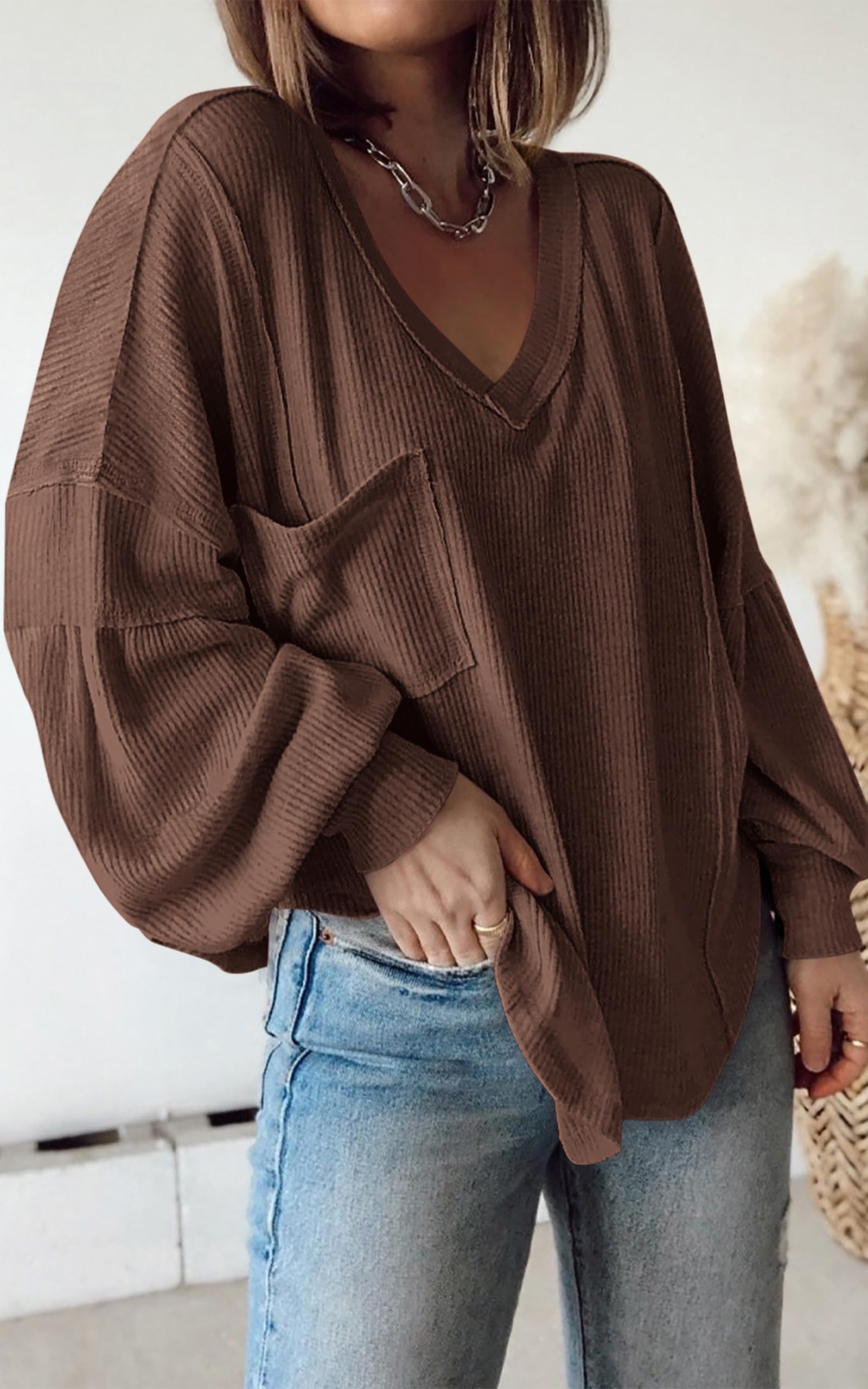 BTFBM Womens Fall Fashion Long Sleeve Shirts Casual V Neck Ribbed Knit Blouses Pullover Trendy Loose Fit Tunic Tops