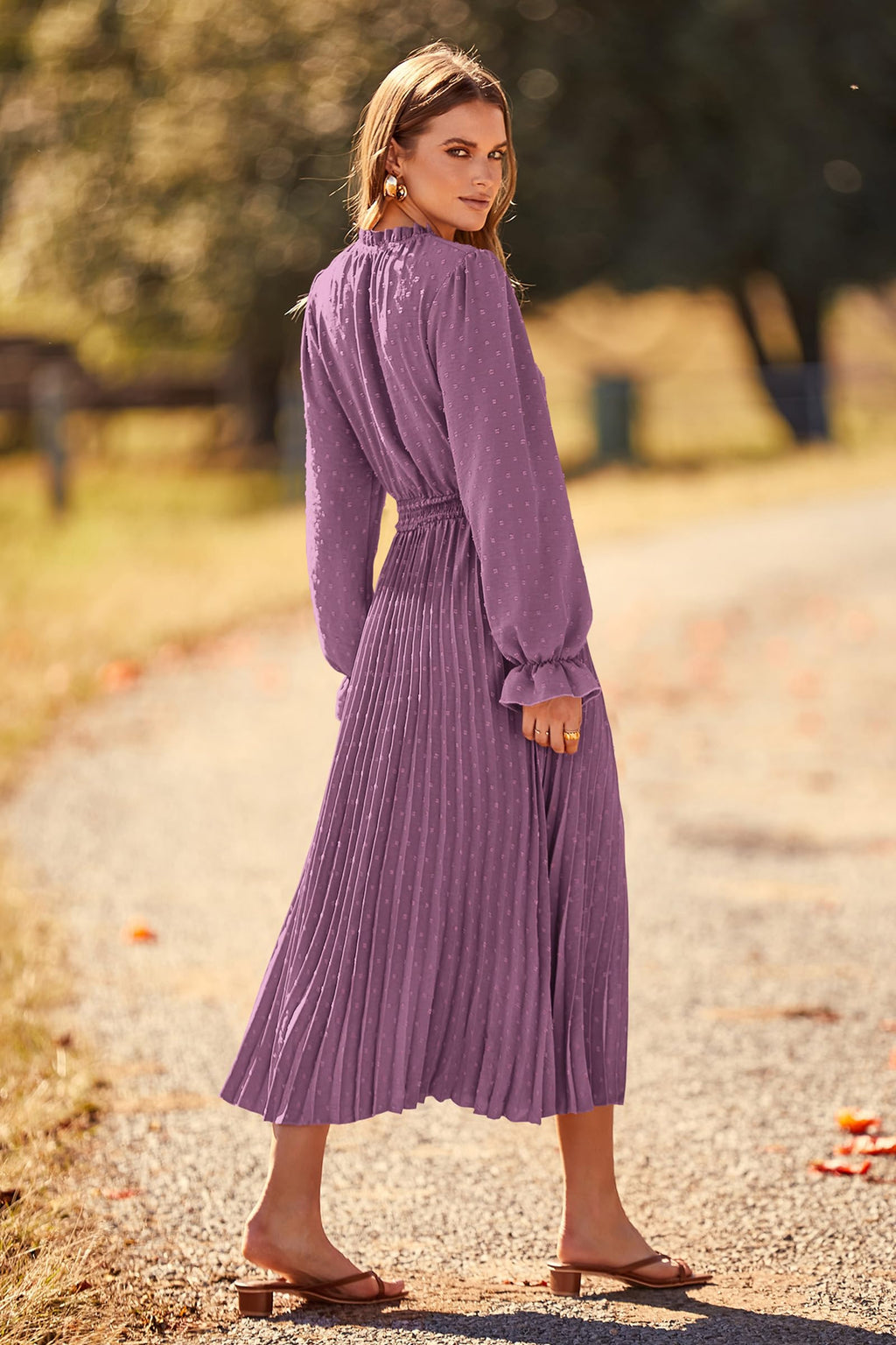 PRETTYGARDEN Women's Spring Fall Midi Dress Casual Long Sleeve V Neck Swiss Dot Pleated A Line Flowy Dresses