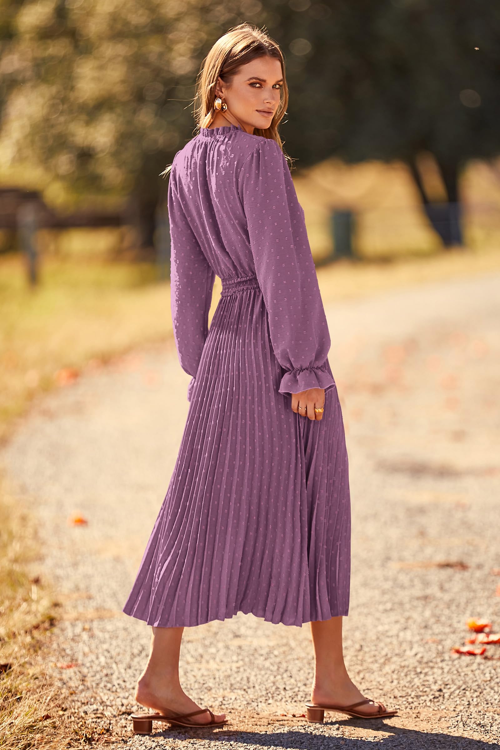 PRETTYGARDEN Women's Spring Fall Midi Dress Casual Long Sleeve V Neck Swiss Dot Pleated A Line Flowy Dresses