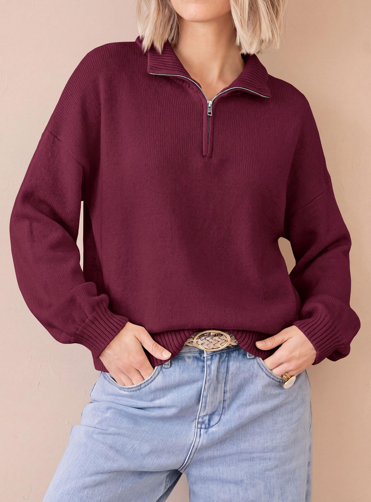 PRETTYGARDEN Women's Quarter Zip Pullover Oversized Sweaters Collared Neck, Long Balloon Sleeve, Jumper Tops, Soft Cozy Knit, Ribbed Hem, Loose Fit, Fall Outfits, Winter Fashion Clothing