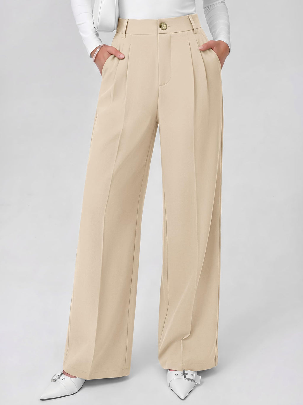 FreshPretty Fall Wide Leg Pants Woman Flowy High Waisted Slacks with Pockets, Comfy Palazzo, Business Casual Outfits, Work Clothes, Teacher Trousers Dressy, Zip Up, Button Closure, Elastic Back