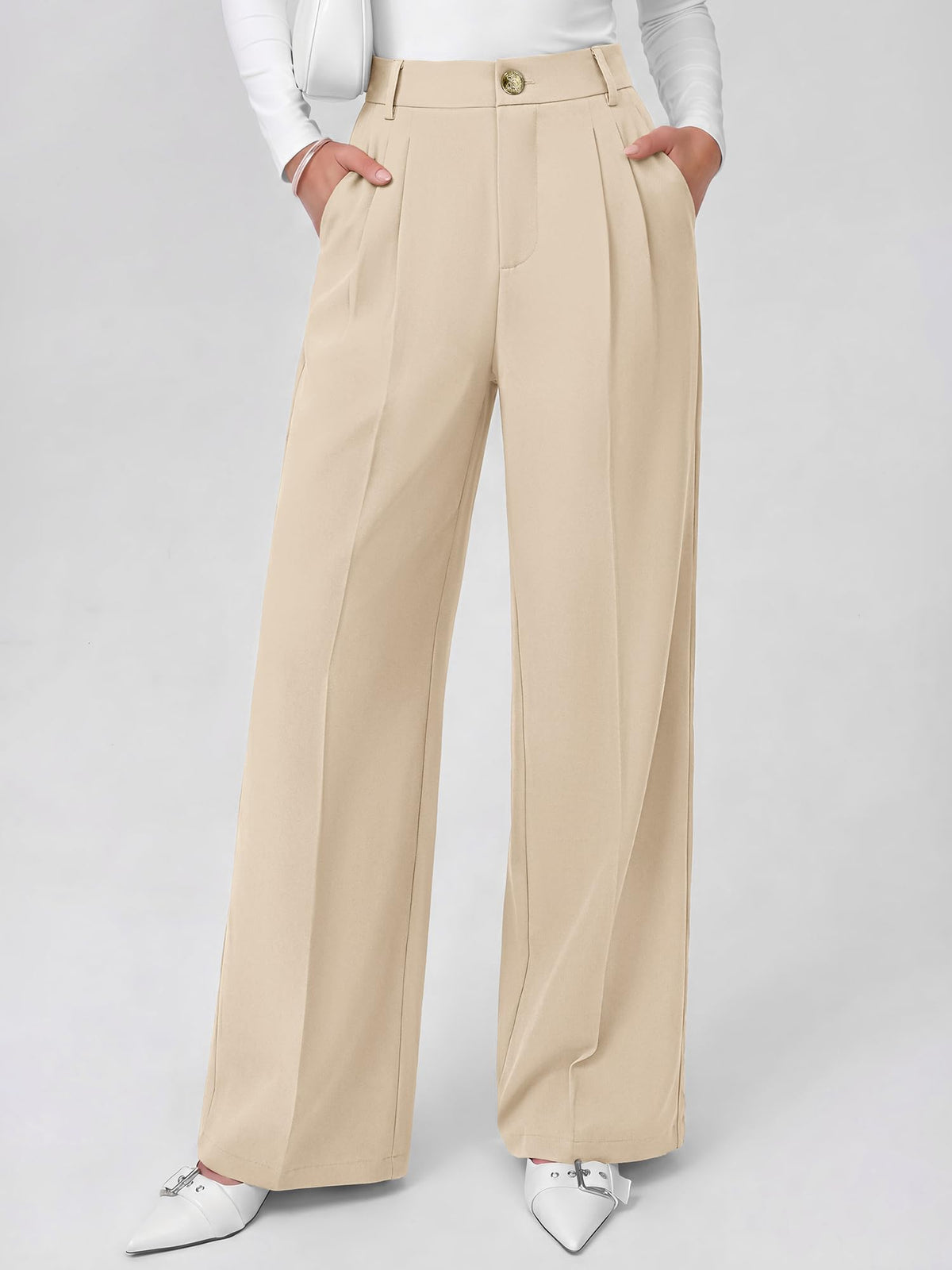 FreshPretty Fall Wide Leg Pants Woman Flowy High Waisted Slacks with Pockets, Comfy Palazzo, Business Casual Outfits, Work Clothes, Teacher Trousers Dressy, Zip Up, Button Closure, Elastic Back