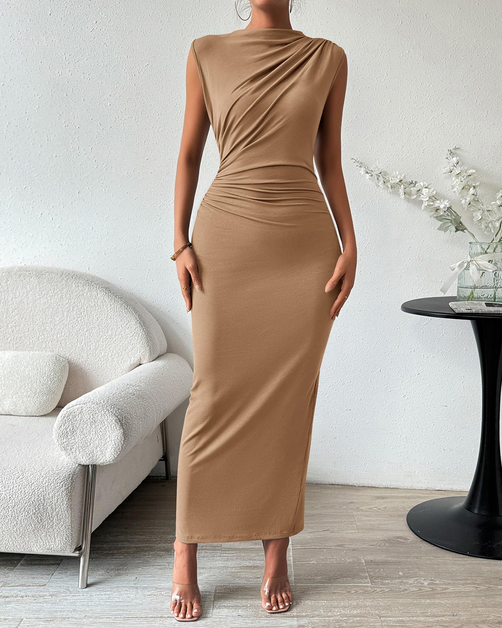 BTFBM Women's Ruched Bodycon Dress Summer Casual Sleeveless Lightweight Back Slit Elegant Club Party Cocktail Maxi Dresses