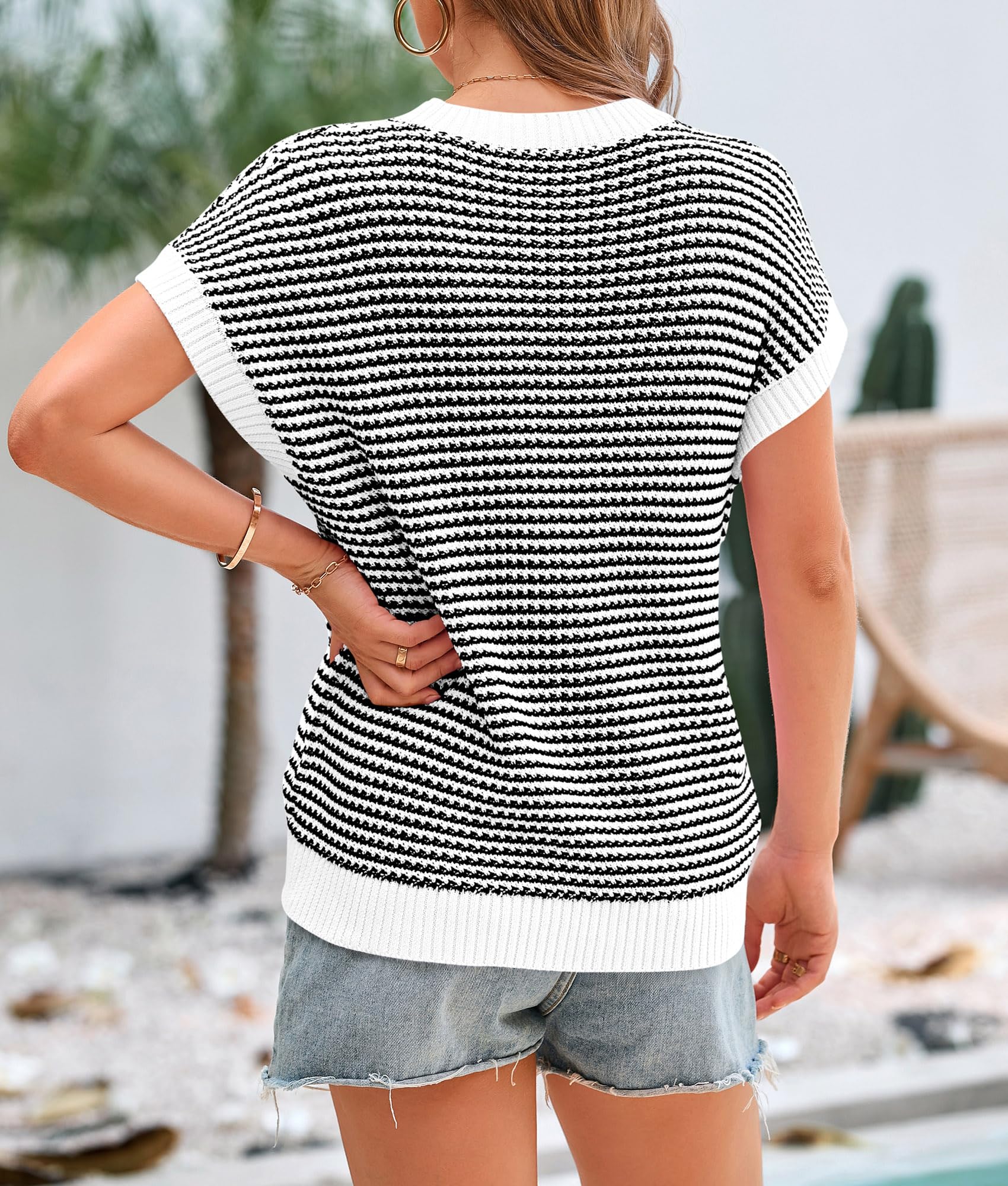 PRETTYGARDEN Womens Short Sleeve Sweater Spring Summer Round Neck Striped Pullover Cap Sleeve Knit Sweater Vest Tops