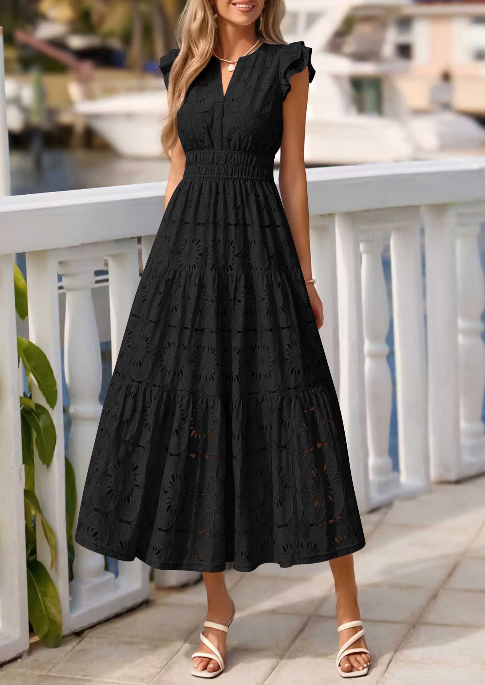 PRETTYGARDEN Womens Boho Maxi Dresses Summer Floral Lace Eyelet V Neck Spring Wedding Guest Dress Beach Vacation Clothes