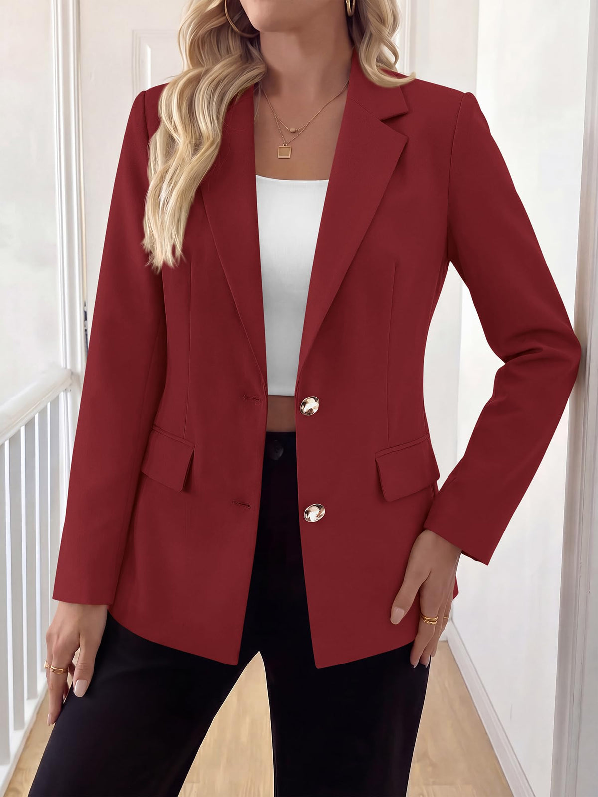 BTFBM Blazers for Women Business Casual Outfits Work Fall Clothes Breasted Notch Lapel, Long Sleeve, Gold Button, Fitted, Open Front Suit Jackets, Pockets, Dressy Professional Office Blazer
