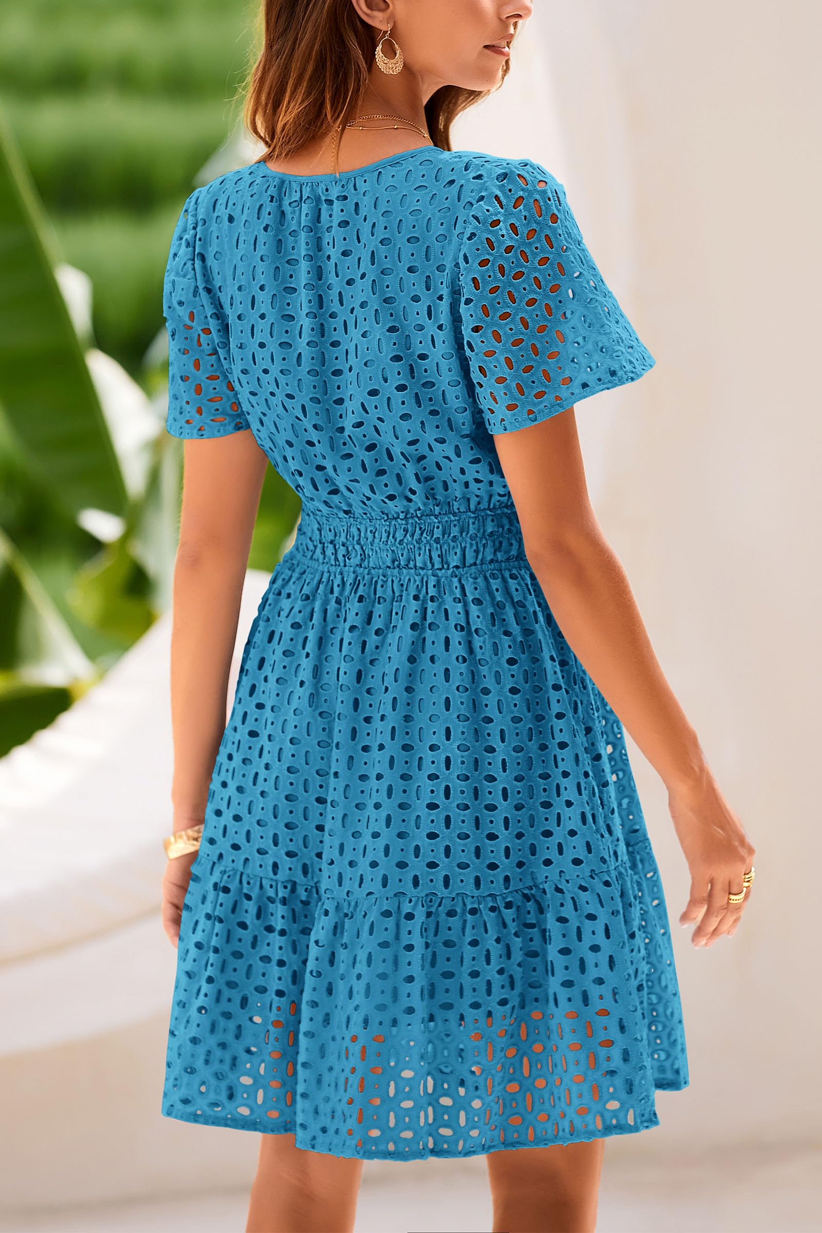PRETTYGARDEN Womens Summer Short Dress V Neck Short Sleeve A Line Hollow Out Lace Ruffle Cute Casual Beach Party Dresses