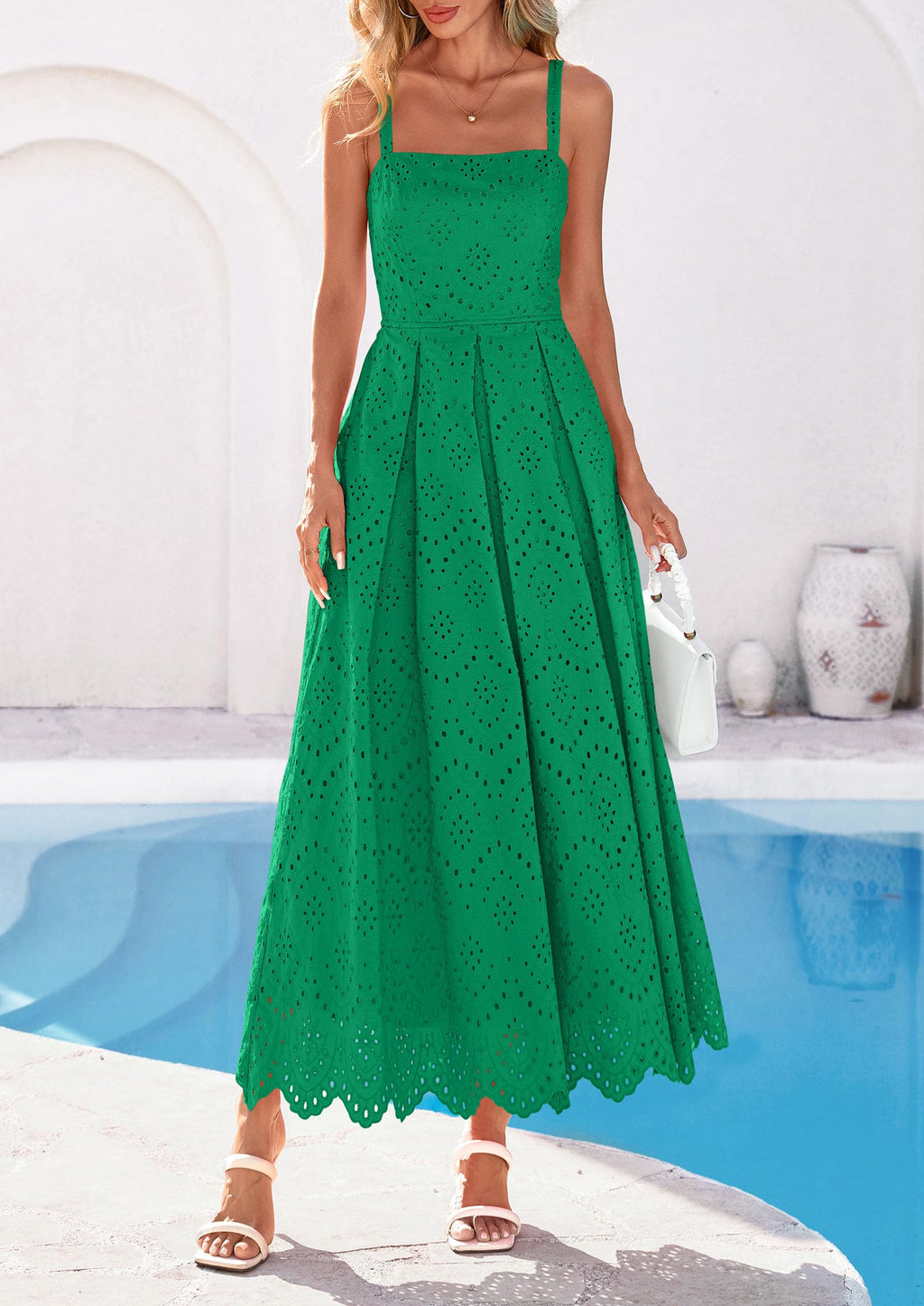 PRETTYGARDEN Womens Sleeveless Maxi Summer Dresses Hollow Out Eyelet Square Neck Ruffle Flowy Beach Vacation Sundress